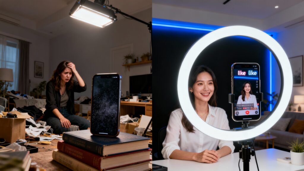 Cena de antes e depois mostrando a transformação de um quarto em um set de filmagem, representando como montar estúdio live commerce barato com boa iluminação