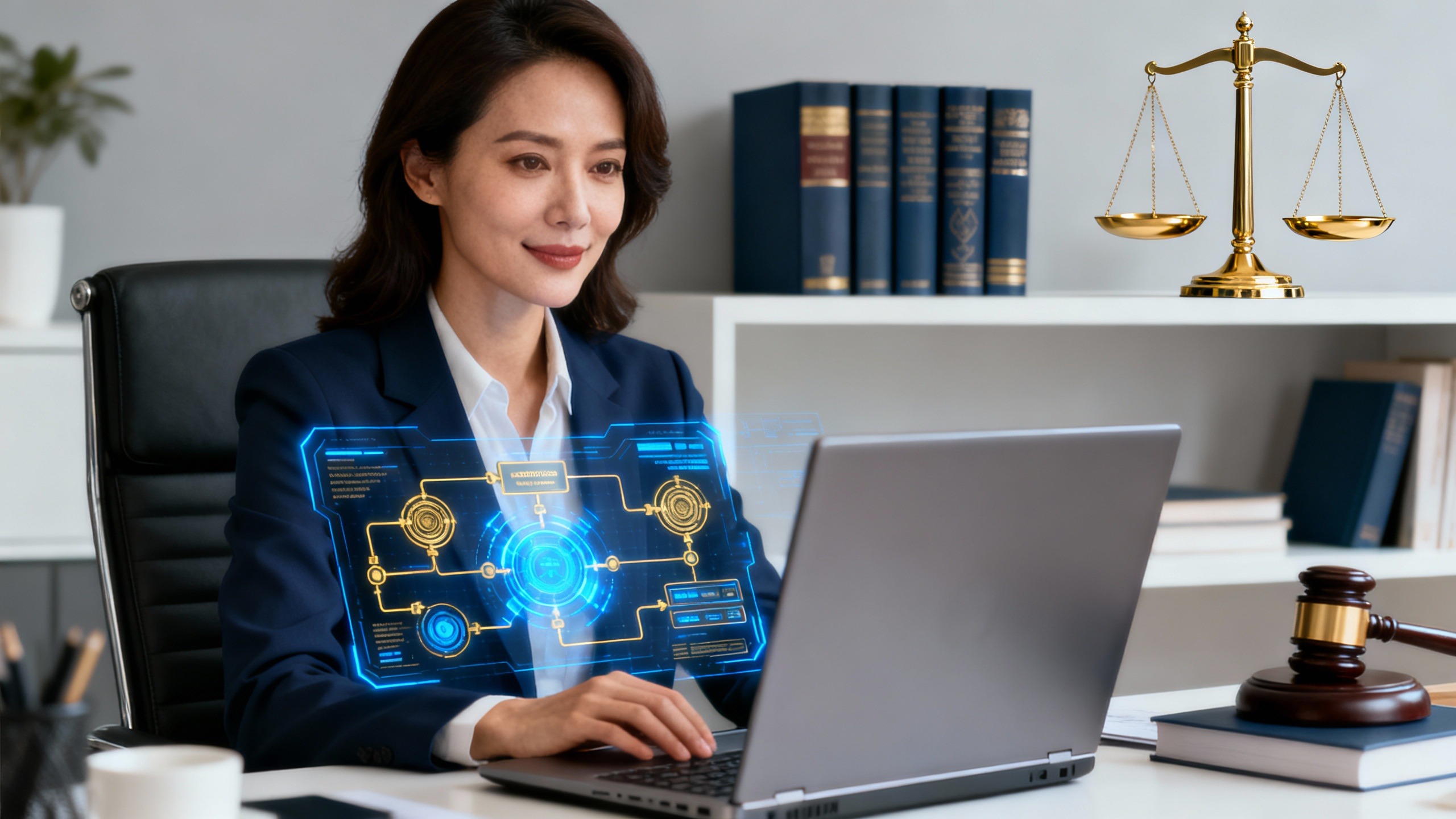 Assistente virtual especialista analisando fluxos de automação com IA em laptop, ilustrando como ser assistente virtual para advogados com IA