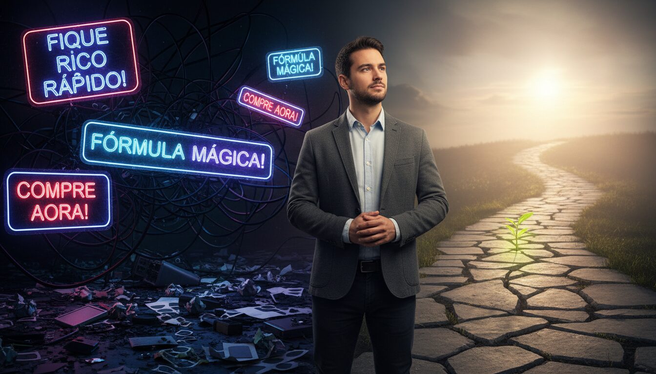 Jovem empreendedor escolhendo um caminho claro em vez de uma trilha confusa, representando como ter os primeiros resultados no marketing digital