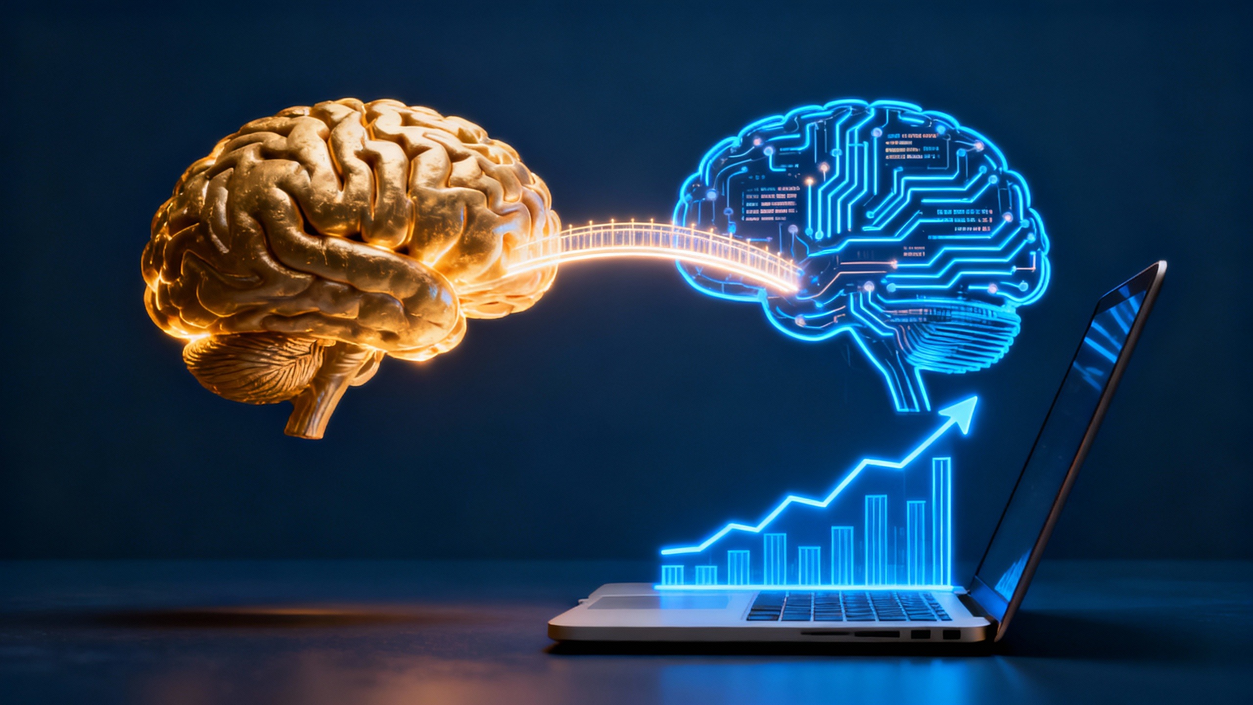 Cérebro humano e cérebro de IA conectados por luz, simbolizando como usar IA para otimizar conteúdo para SEO
