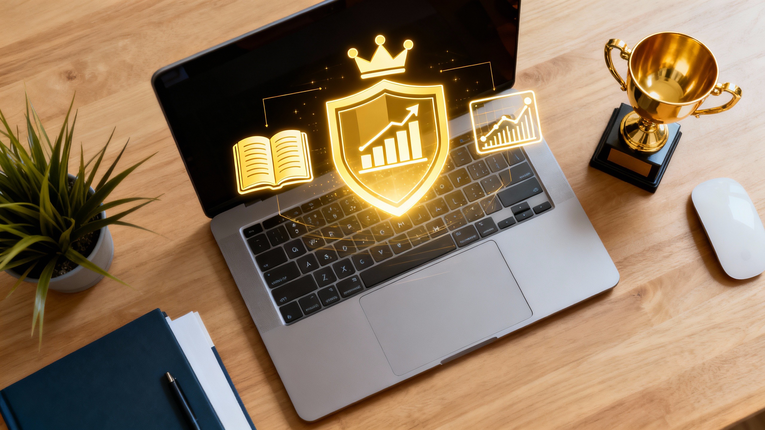 Laptop gerando ícones de conhecimento que formam um escudo, ilustrando como o conteúdo informativo constrói a autoridade digital