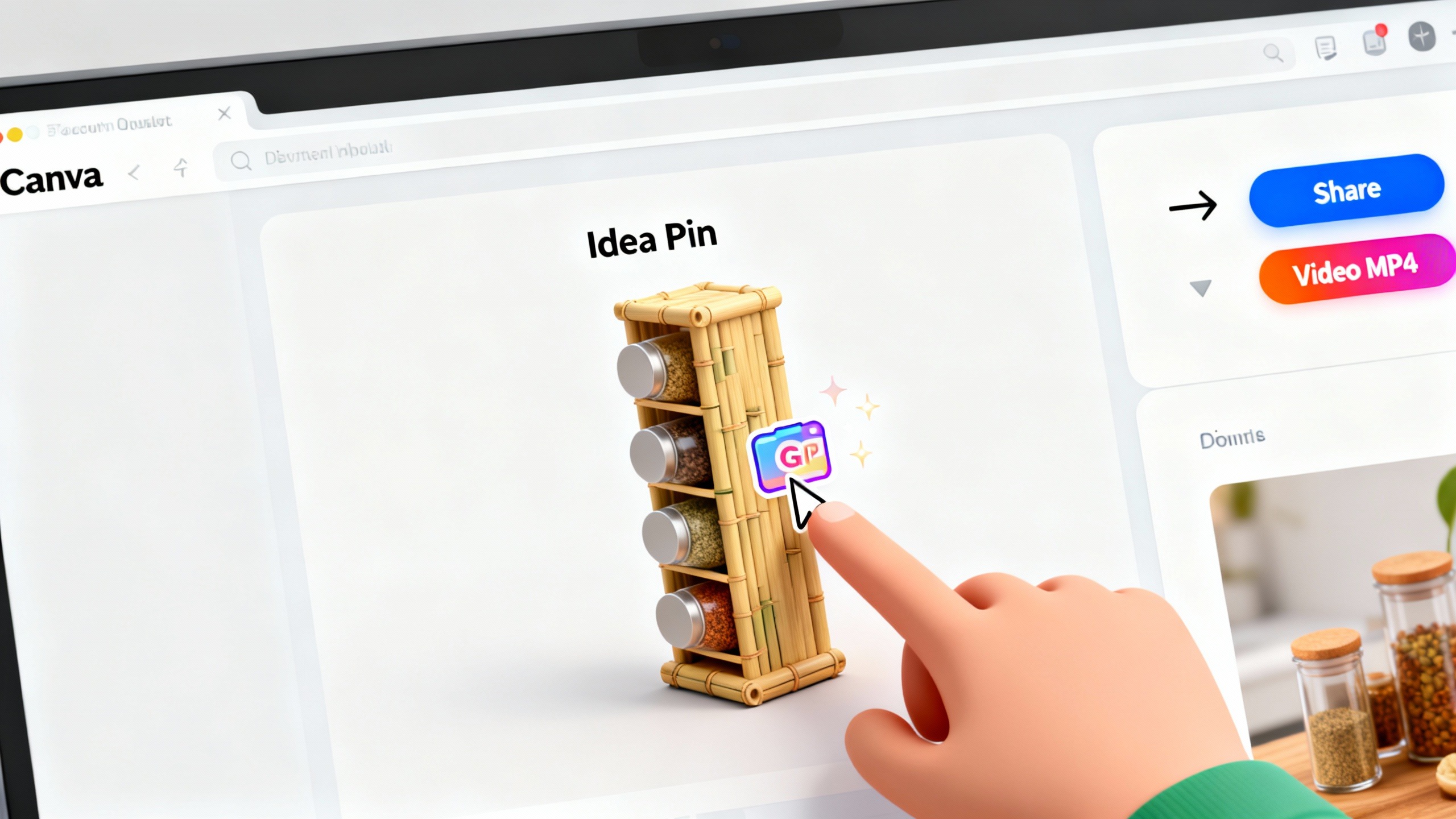 Interface do Canva usada para criar um Idea Pin em vídeo para afiliado, mostrando a tática de adicionar um GIF para exportar em formato MP4.