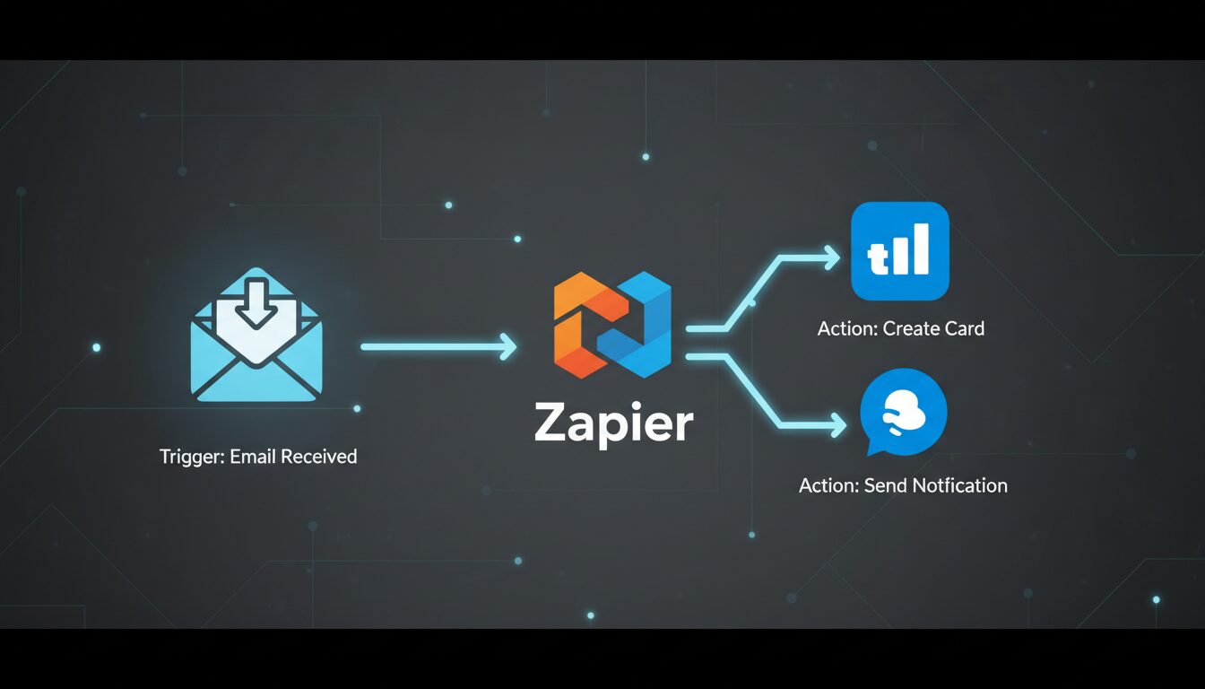Diagrama de fluxo de automação no Zapier conectando e-mail e tarefas, exemplo prático de ferramentas de IA para AV