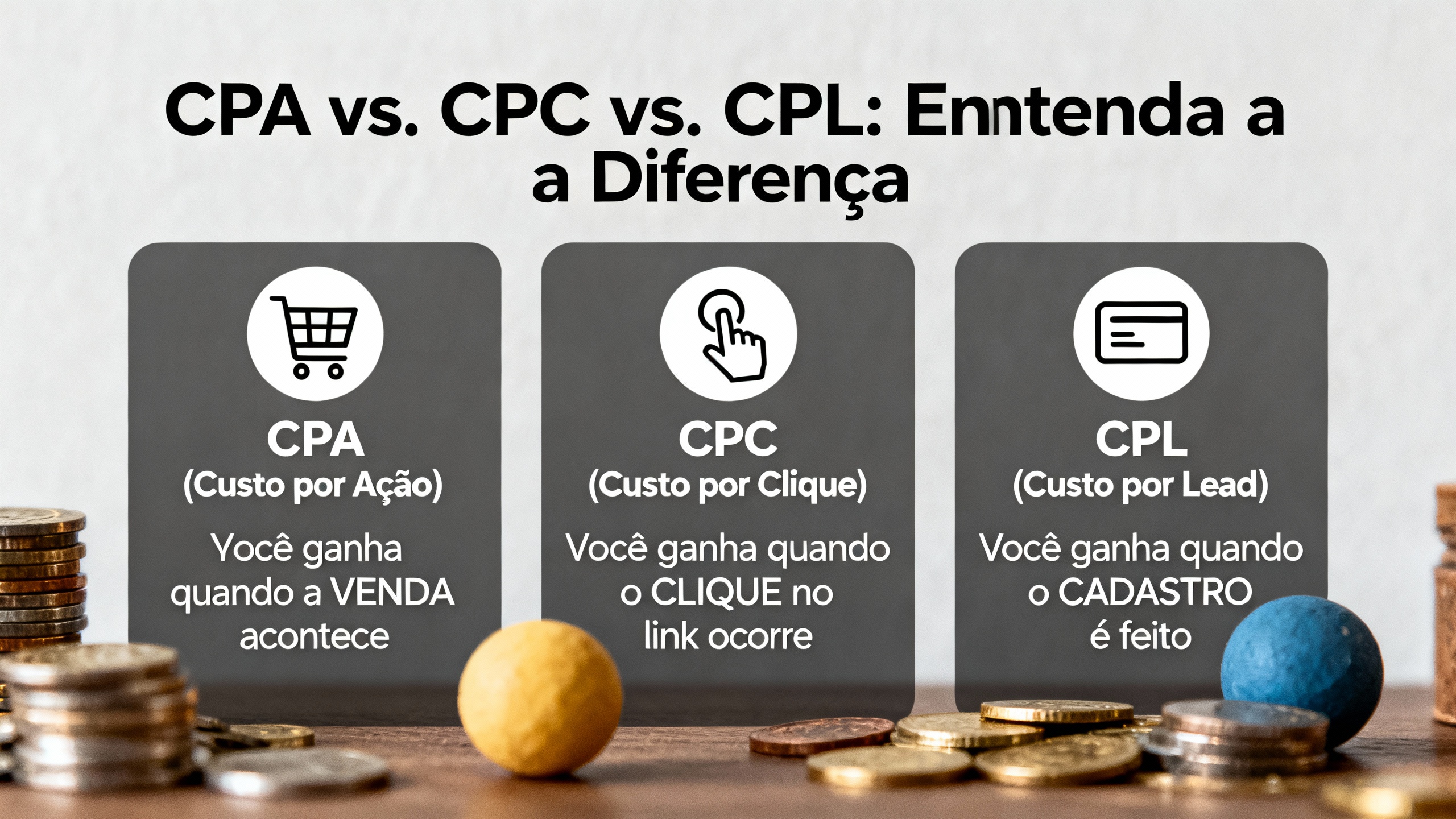 Infográfico comparando CPA, CPC e CPL no marketing de afiliados, mostrando a diferença entre ganhar por venda, clique ou lead.