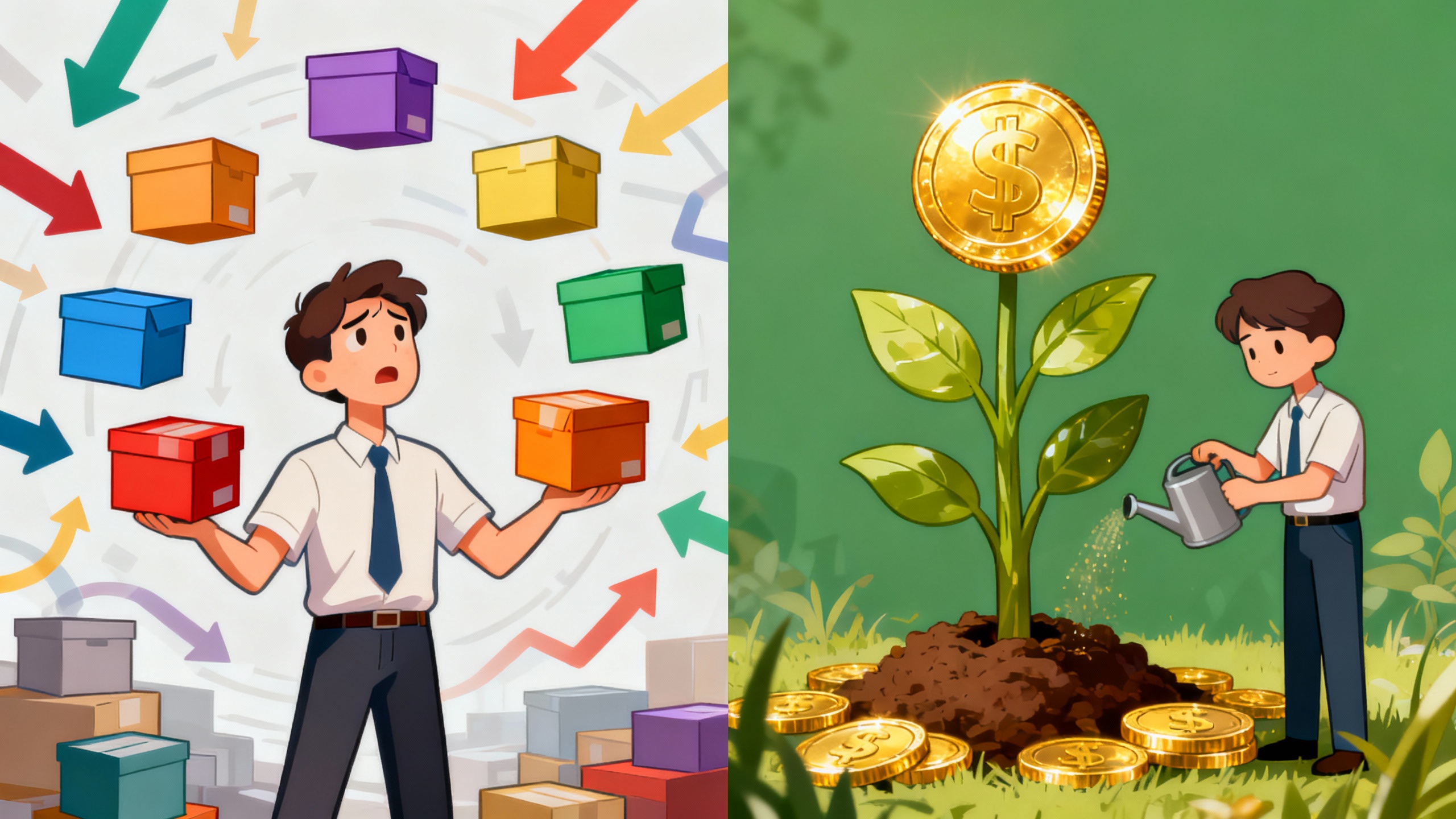 Ilustração comparando erros de afiliados iniciantes (confusão) com a solução (foco em um nicho), representando a importância da estratégia.