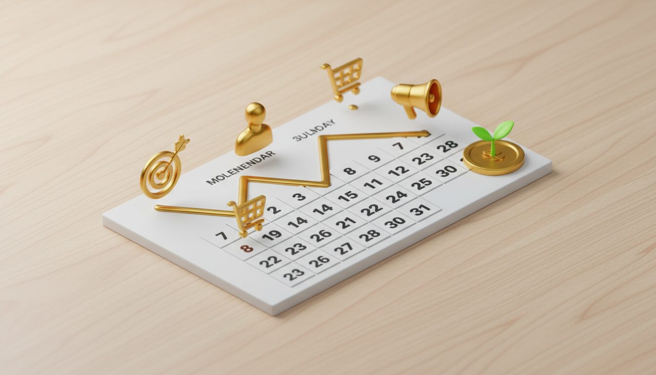 Calendário de 30 dias com ícones de tarefas diárias, ilustrando a estratégia de marketing digital passo a passo para alcançar o primeiro resultado