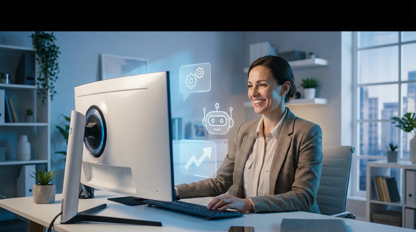 Assistente virtual em home office moderno usando ferramentas de IA para gestão e lucro, ilustrando produtividade