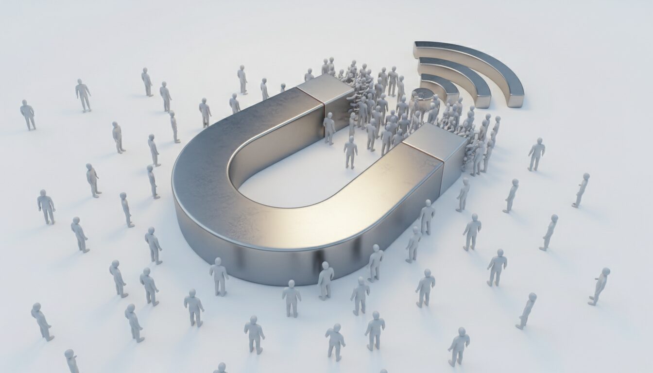 Ilustração de um ímã atraindo pessoas, simbolizando como gerar tráfego orgânico sem investir para um blog ou perfil de marketing de afiliados