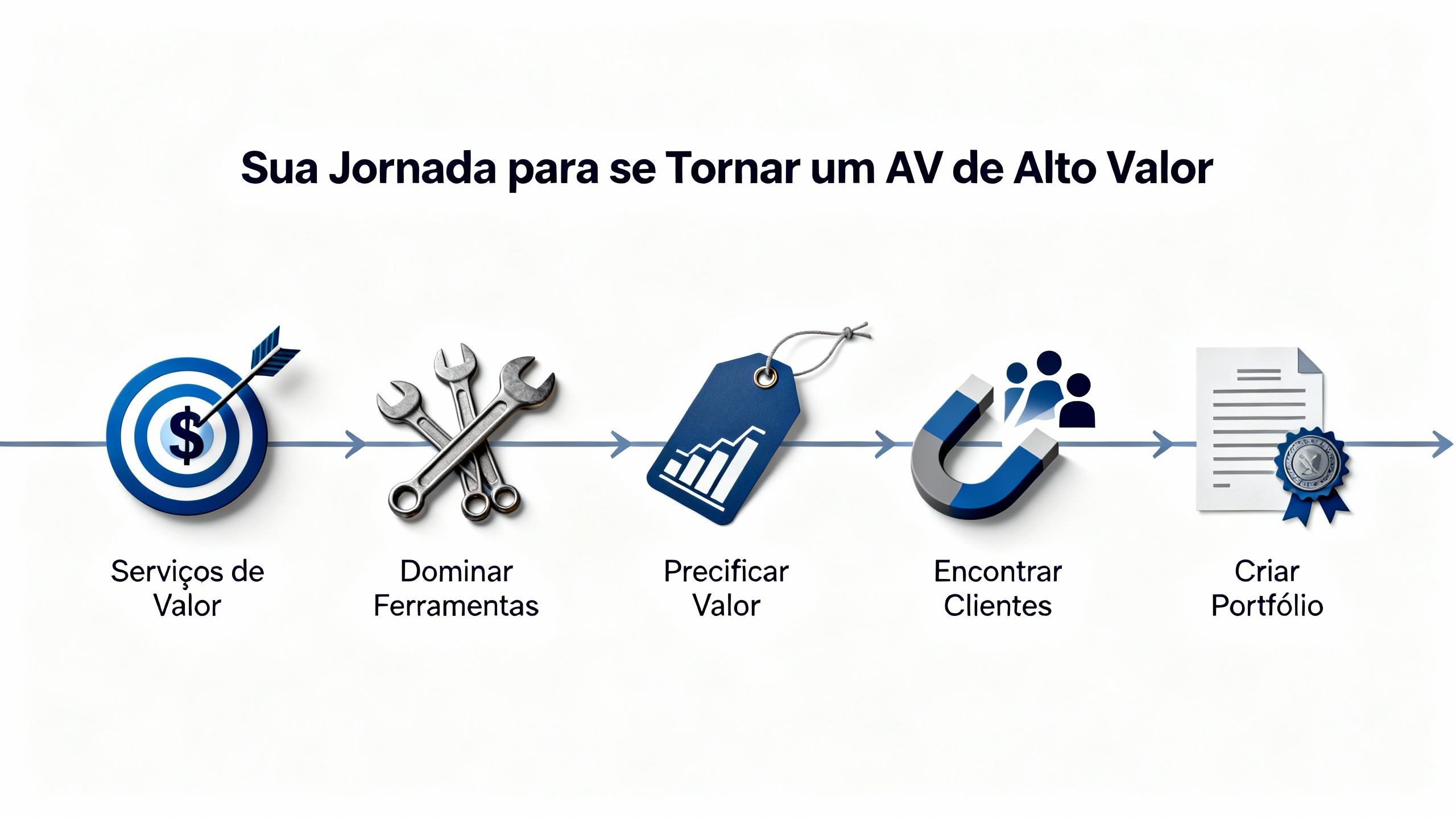 Infográfico com 5 passos da jornada para ganhar dinheiro online em 2026 como assistente virtual: serviços, ferramentas, preço, clientes e portfólio.