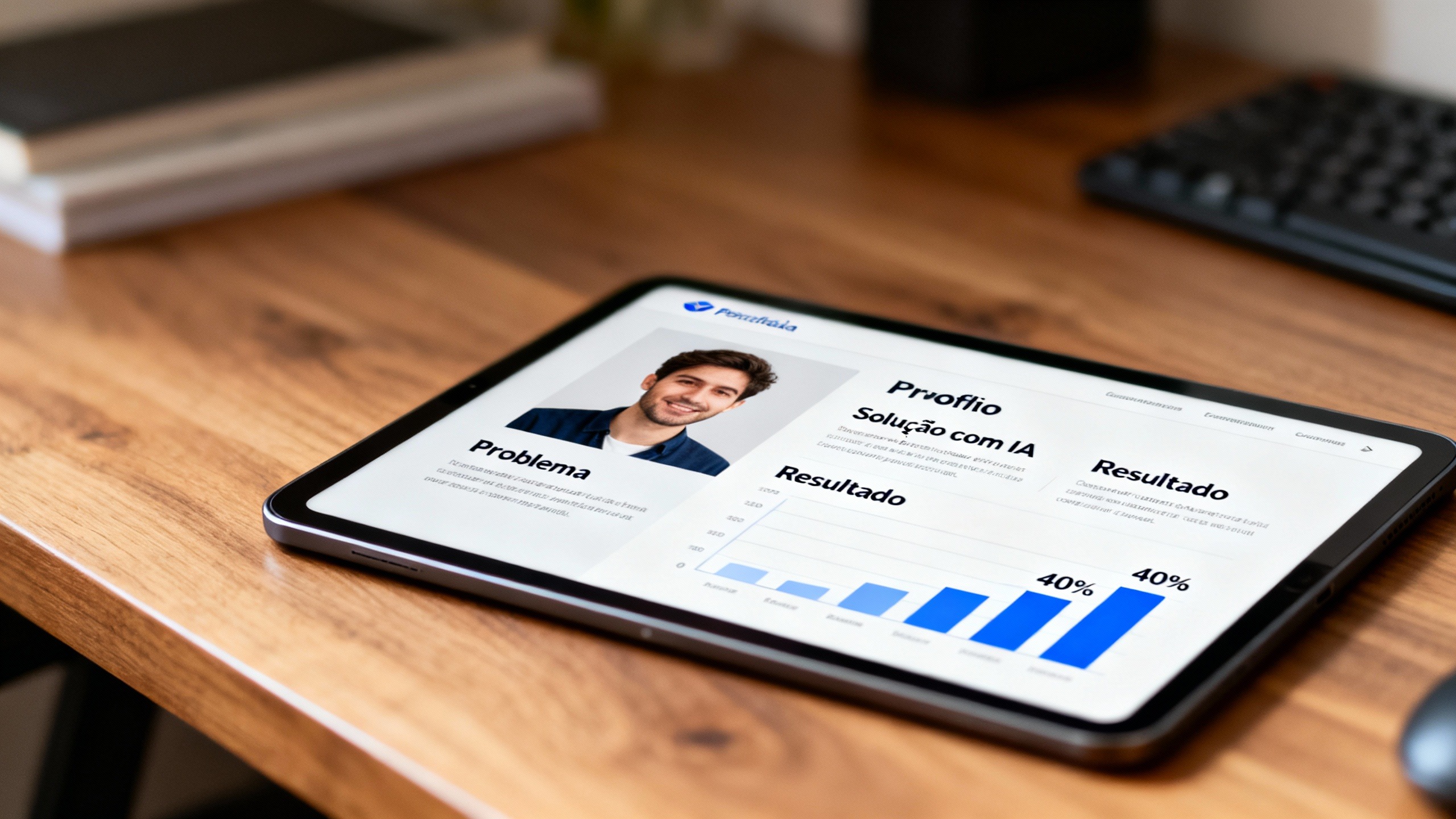 Exemplo de portfólio de uma página para conseguir clientes como assistente virtual, mostrando um estudo de caso com resultado de 40% de melhora