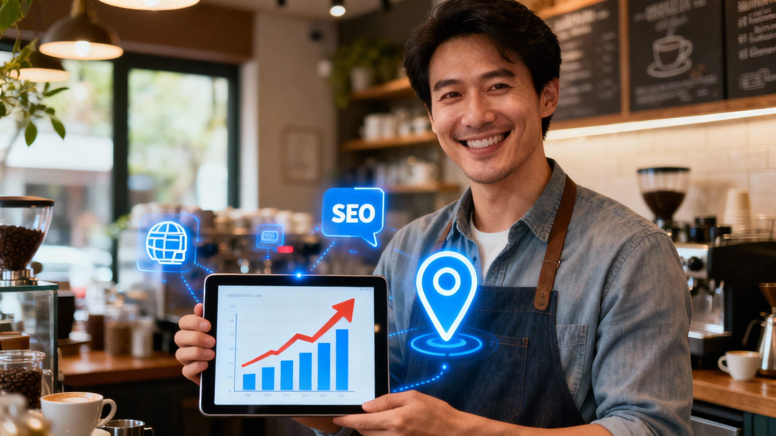 Empresário local analisando o crescimento de sua empresa em um tablet, ilustrando o sucesso da presença digital para empresas locais