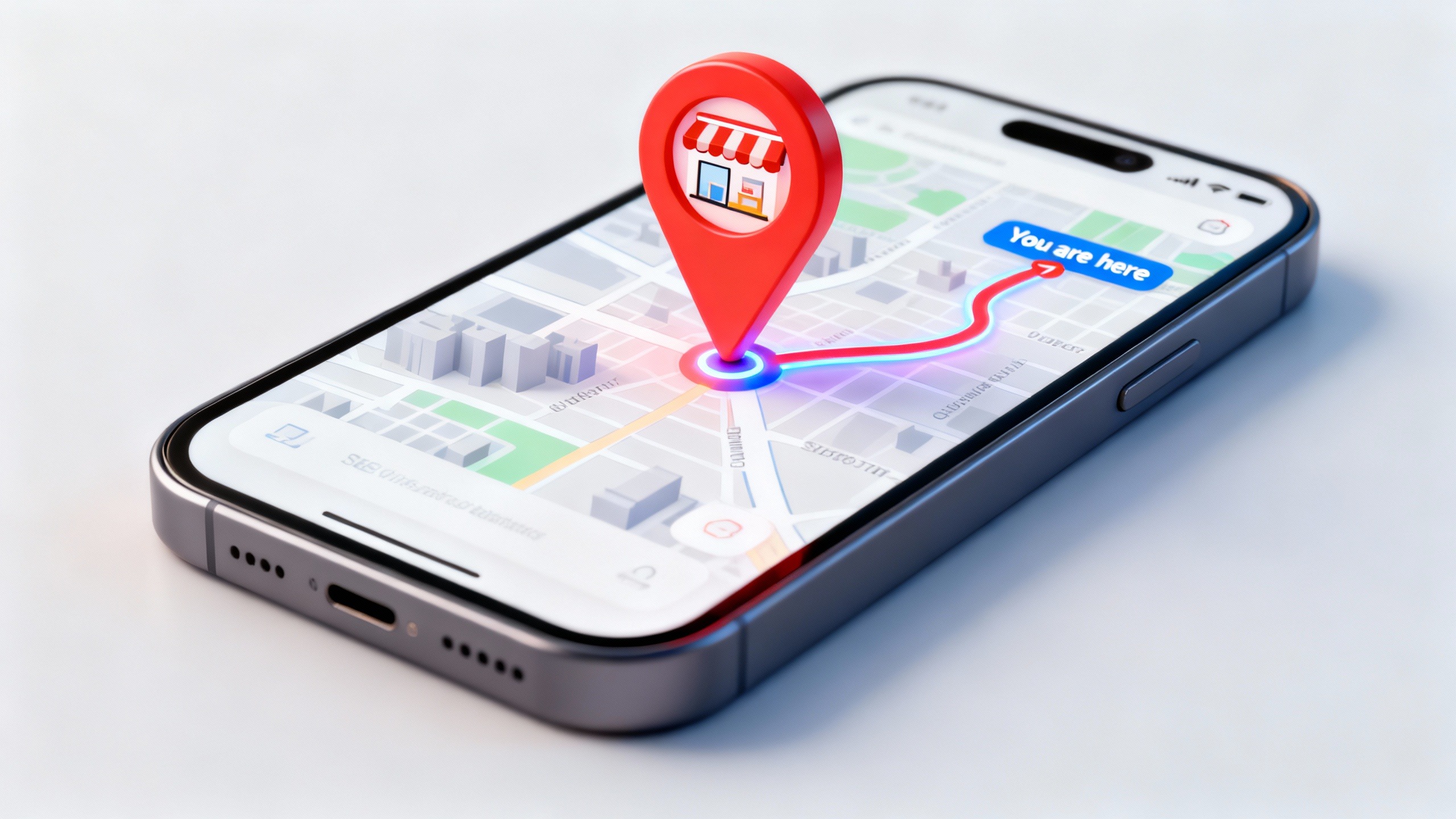 Smartphone exibindo mapa com pin, demonstrando como o SEO local faz uma empresa aparecer para clientes que estão perto