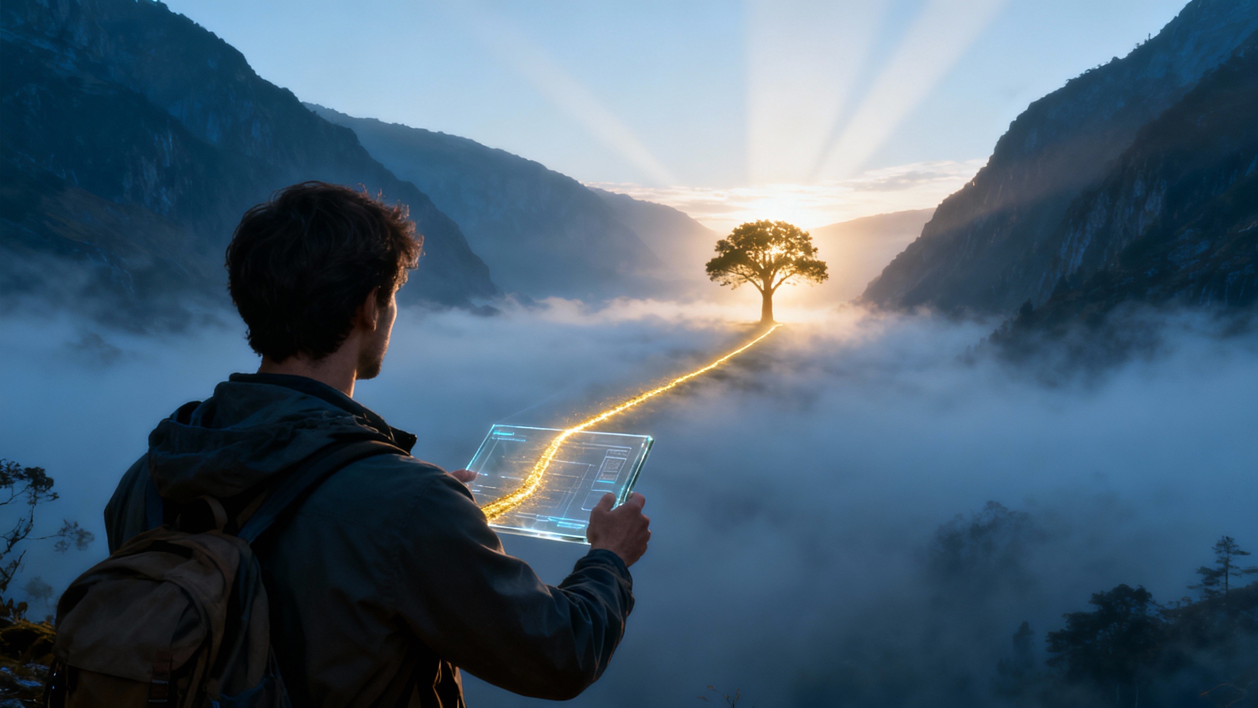 Explorador digital usando IA para revelar um caminho luminoso até um nicho oculto, ilustrando como usar Perplexity AI para encontrar nichos