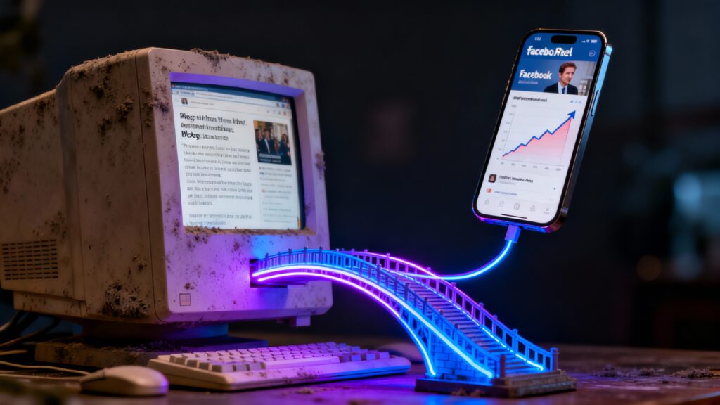 Ponte de luz neon transformando um post de blog antigo em um Reel de sucesso, representando o método de como usar reels para turbinar posts no facebook.