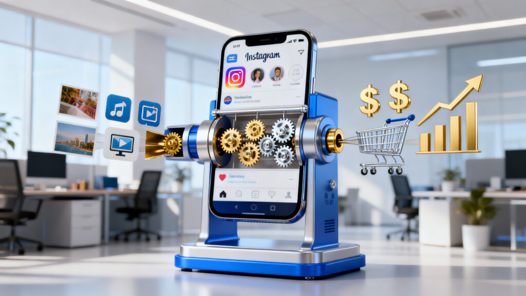Smartphone com Instagram transformado em máquina de vendas, ilustrando se o curso Instagram para negócios vale a pena.