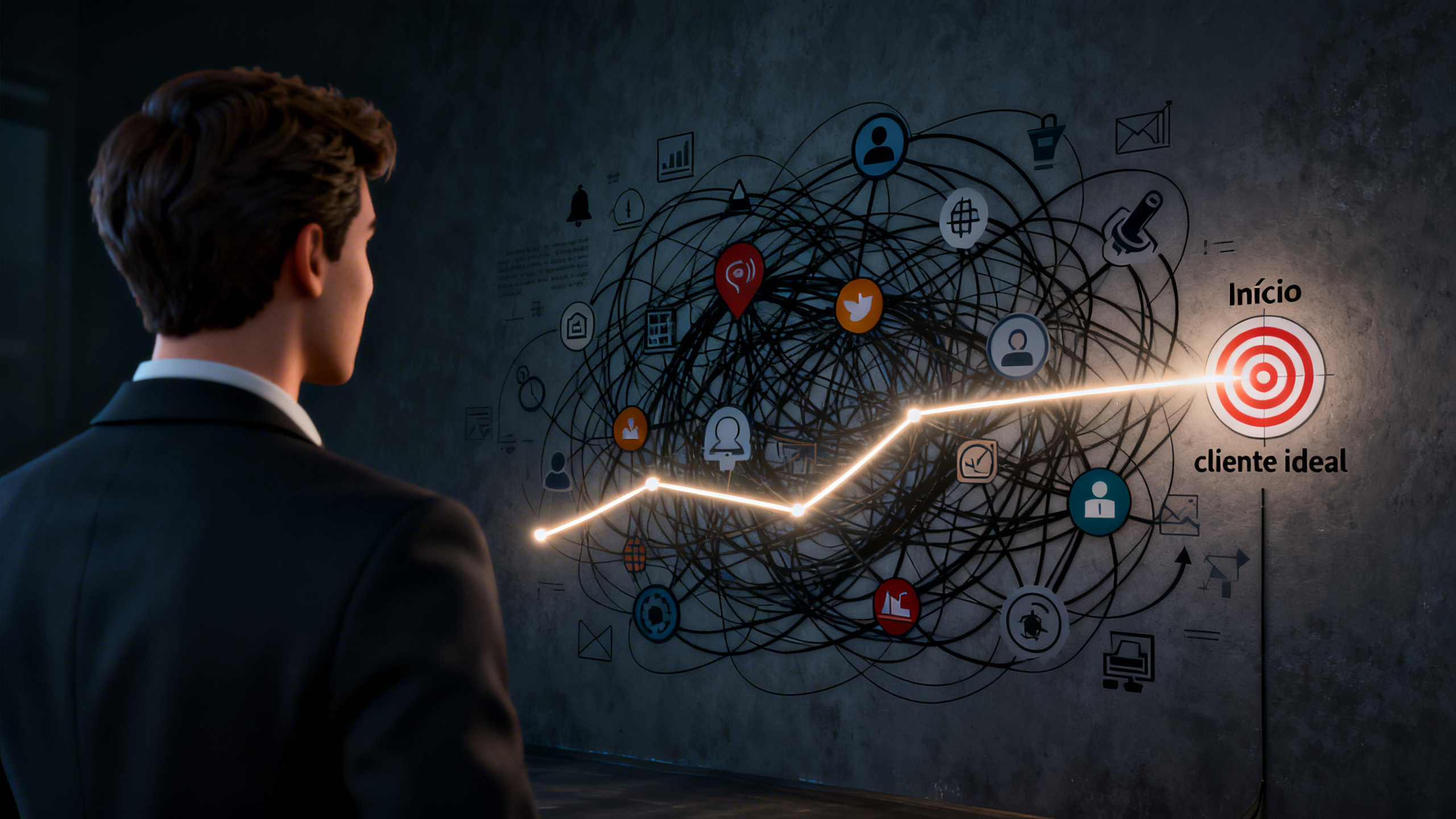 Empreendedor visualizando um caminho claro em meio ao caos, ilustrando a importância da estratégia de conteúdo no Instagram.