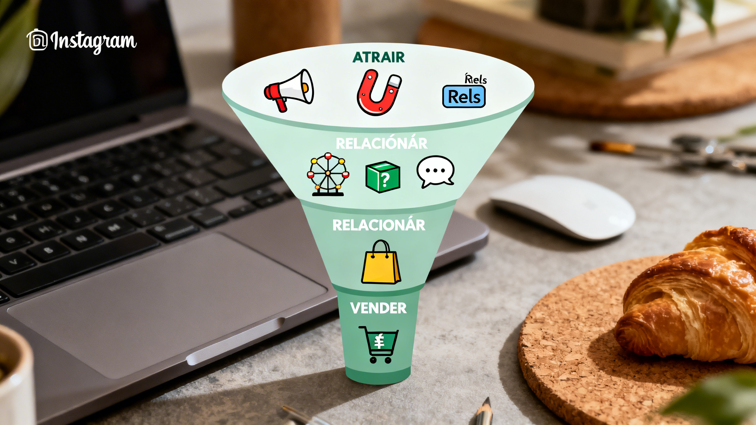 Infográfico do funil de conteúdo para Instagram, mostrando as etapas de atrair, relacionar e vender para uma estratégia eficaz.