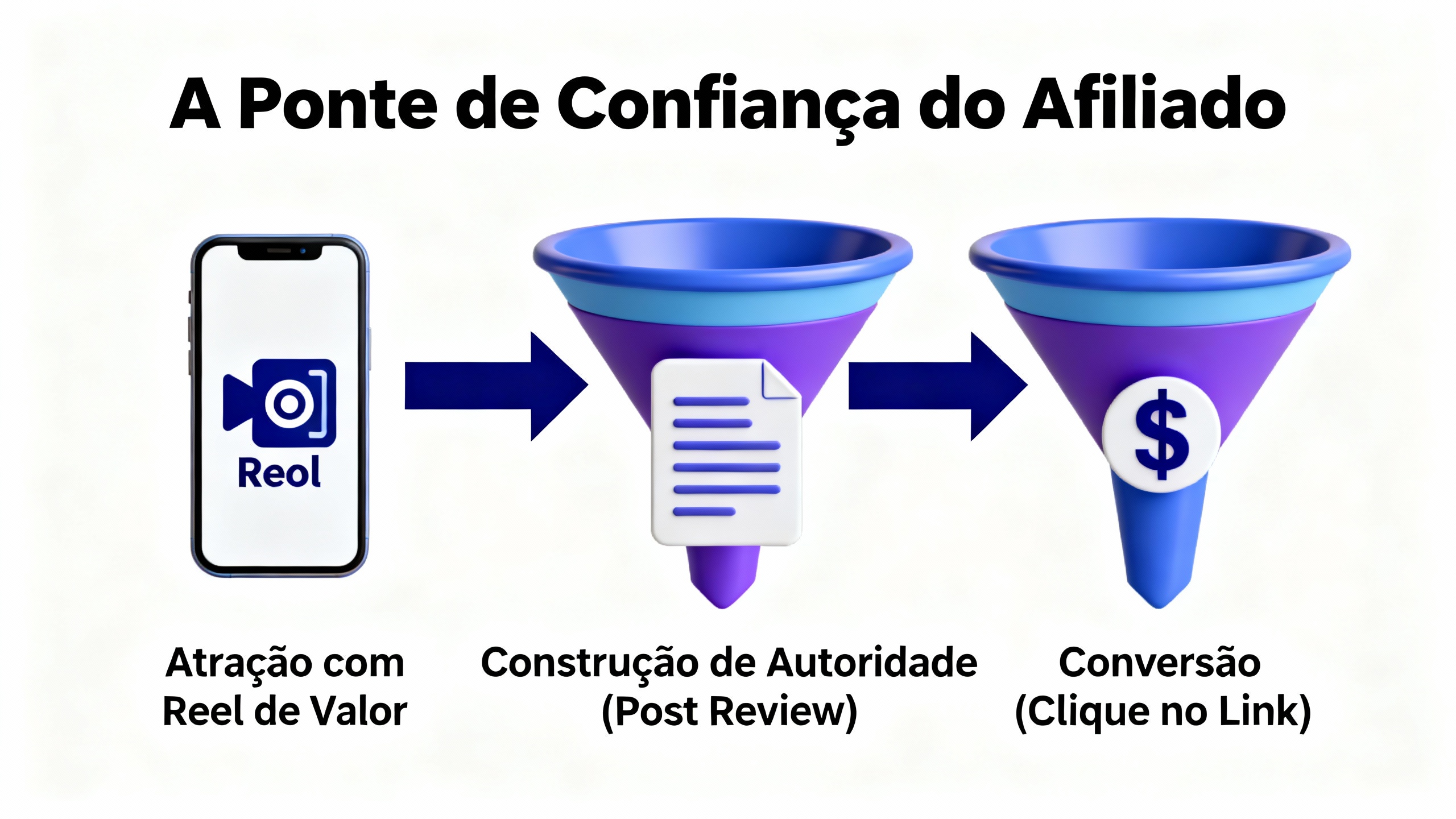 Diagrama de funil de vendas para afiliados, ilustrando o guia de reels facebook para afiliados iniciantes, da atração à conversão em comissões.