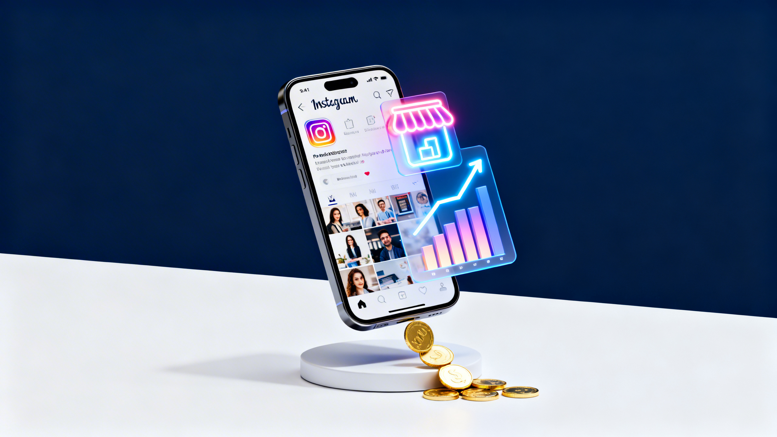 Smartphone projetando um perfil profissional com ícones de loja e gráficos, representando um guia de como usar o Instagram para negócios.