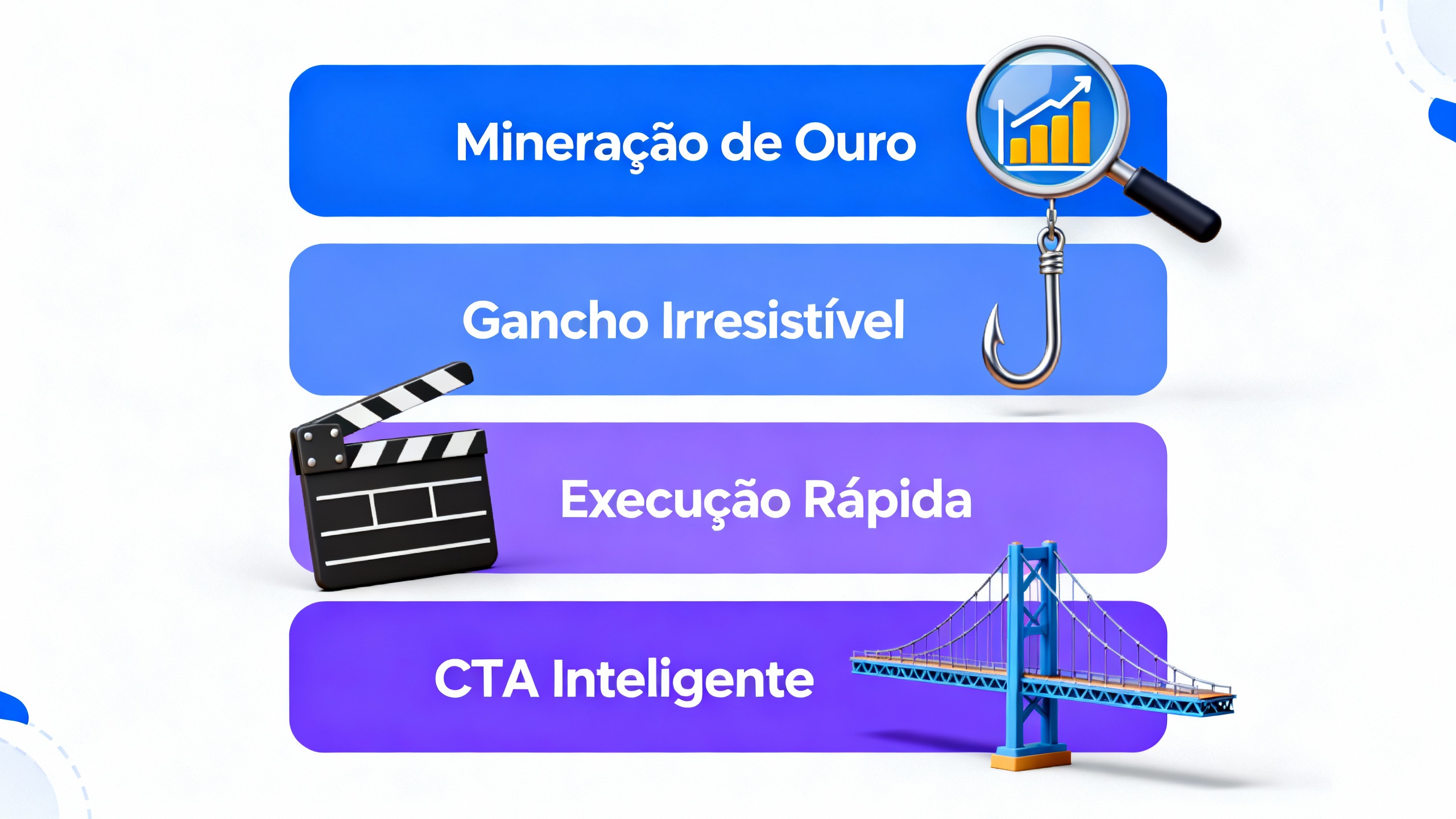 Infográfico mostrando o passo a passo de reels facebook que geram trafego, com ícones para mineração de conteúdo, gancho, execução e CTA estratégico.