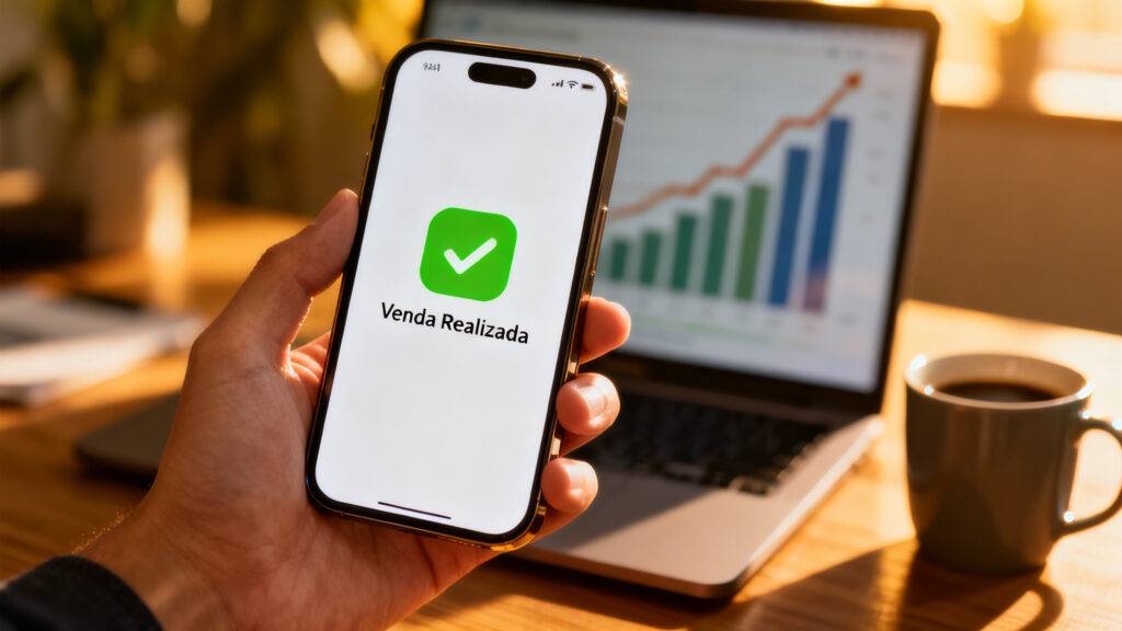 Smartphone em home office exibindo notificação de venda realizada, ilustrando a conquista da primeira venda como afiliado.