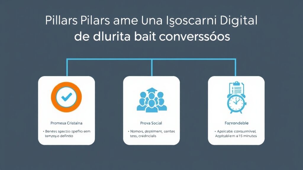Infográfico em três blocos destacando promessa clara, prova social e formato rápido de consumo, ilustrando os pilares para criar iscas digitais de alta conversão.