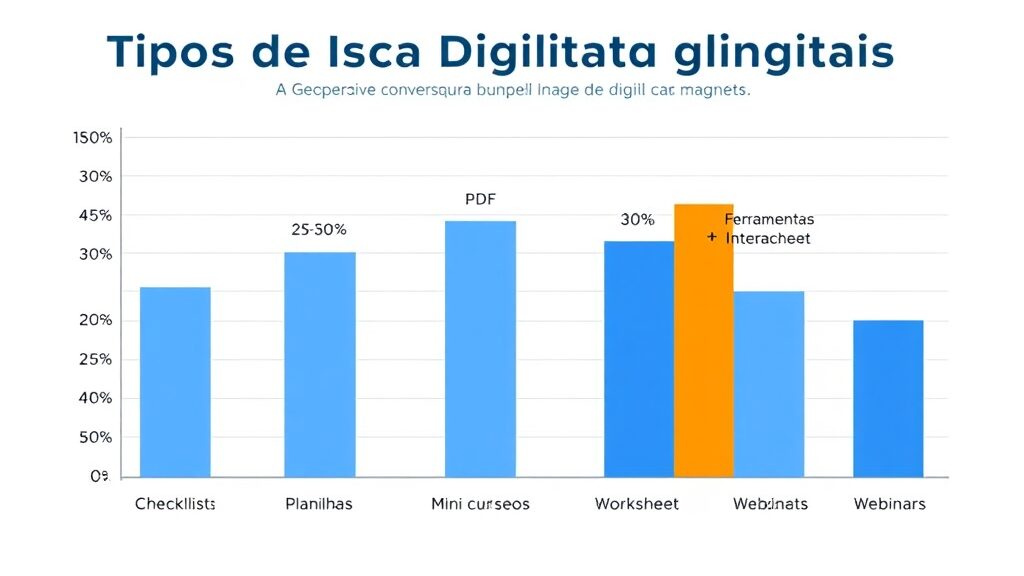 Gráfico de barras mostrando taxas de conversão médias de iscas digitais, destacando vídeo com worksheet e checklists como formatos com maior conversão de leads.