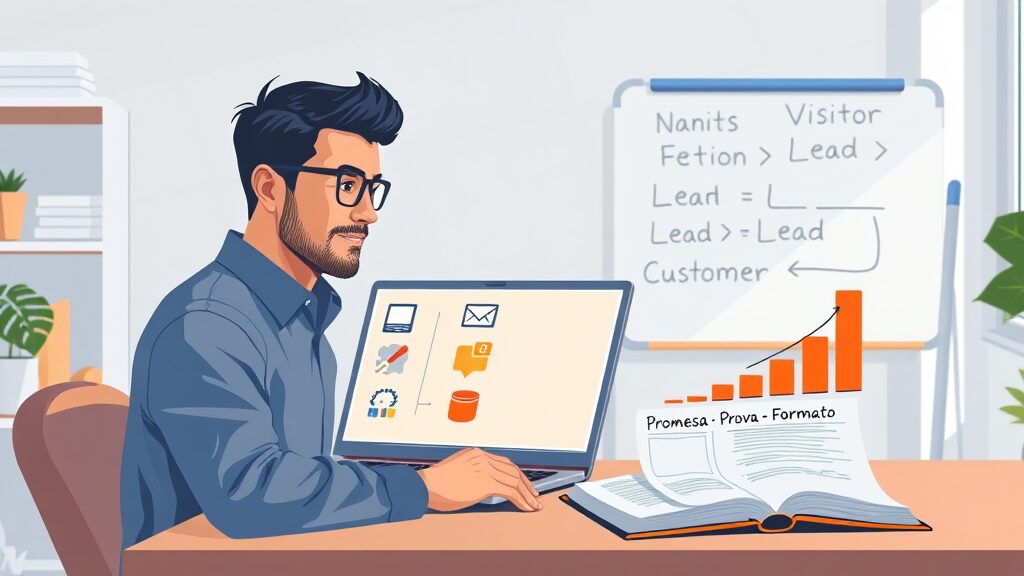 Profissional em home office planejando funil com checklist, vídeo e planilha no notebook, mostrando como criar iscas digitais de alta conversão.