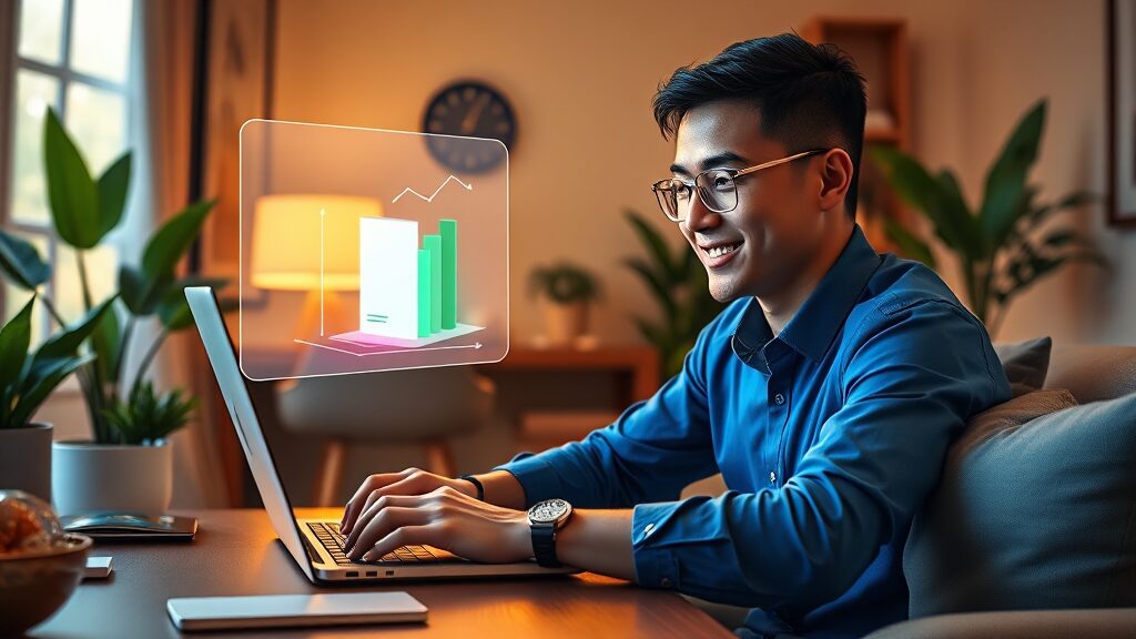 Jovem focado no laptop com holograma de produto e gráfico ascendente, ilustrando como vender produtos digitais no proprio blog.