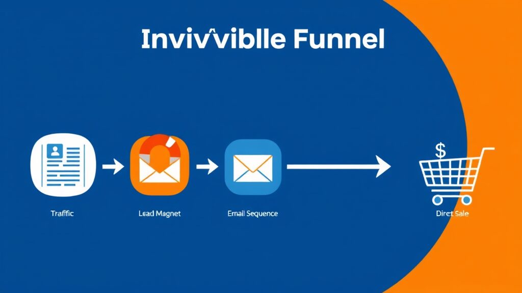 Diagrama do funil invisível mostrando a jornada do leitor desde o artigo do blog até a captura de e-mail e monetização de audiência.