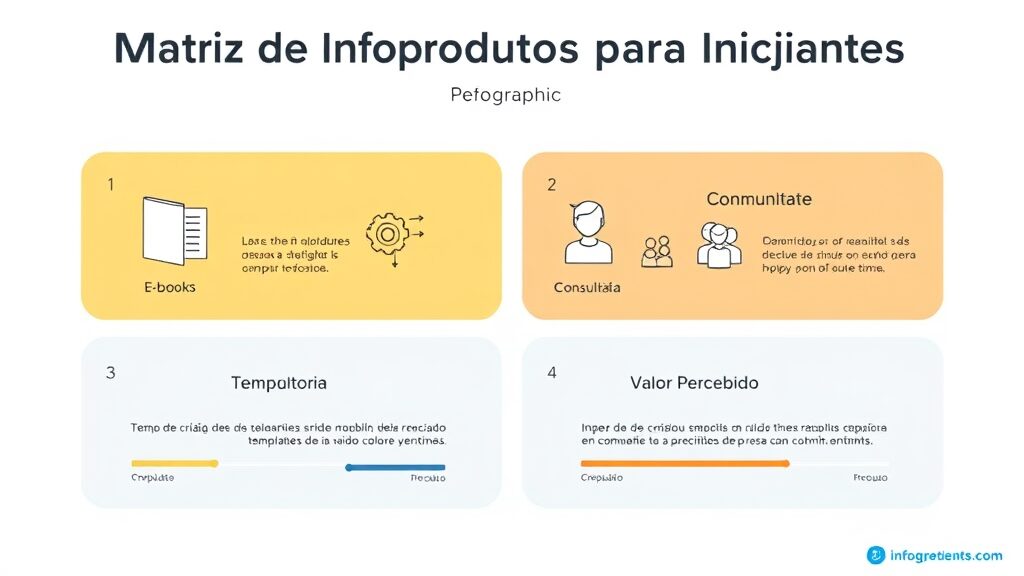 Infográfico da matriz de infoprodutos comparando e-books, templates e consultorias por tempo de criação e valor percebido.