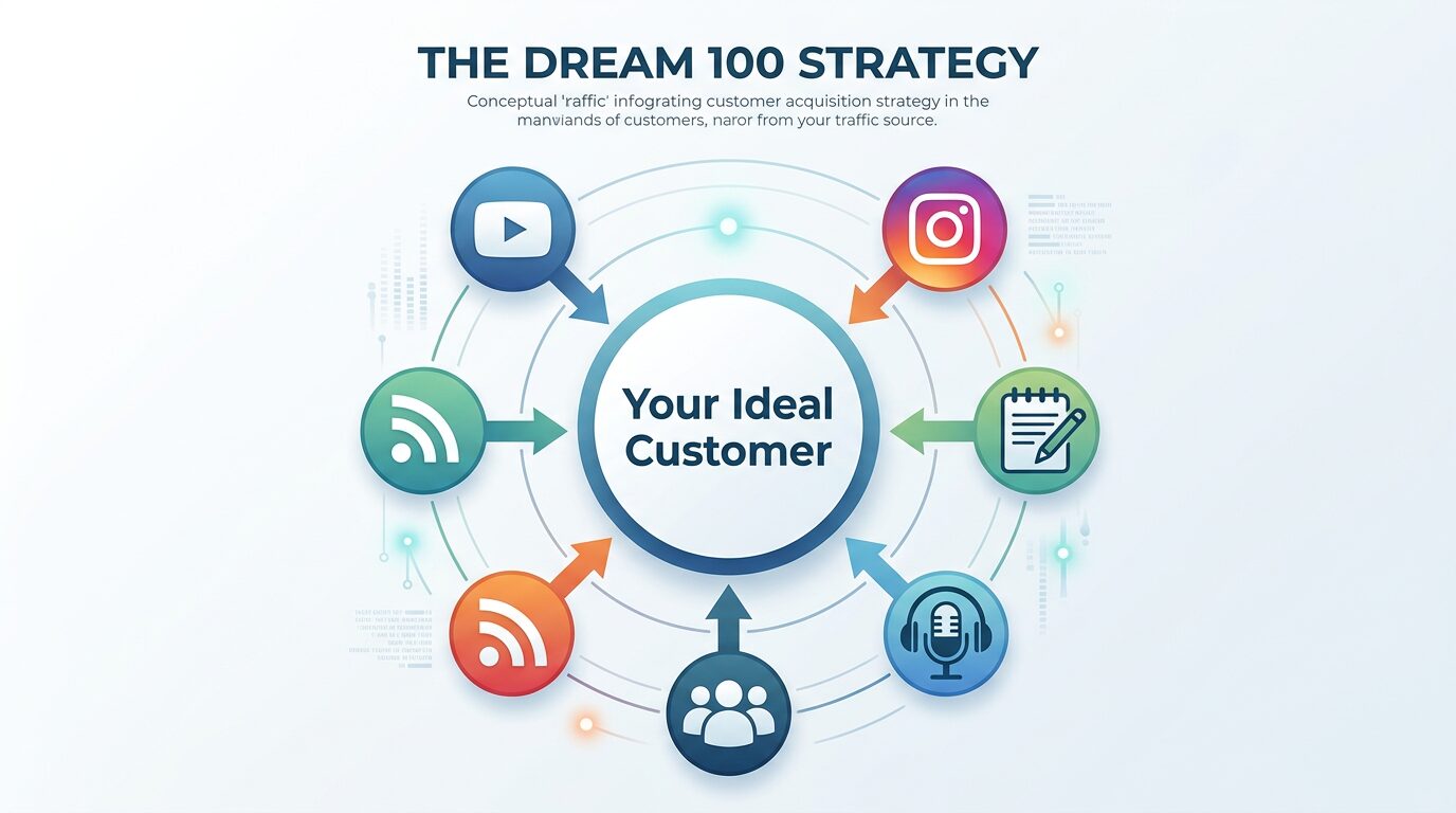 Infográfico do conceito Dream 100 do Traffic Secrets, mostrando como encontrar clientes ideais em blogs, podcasts e redes sociais para gerar tráfego.