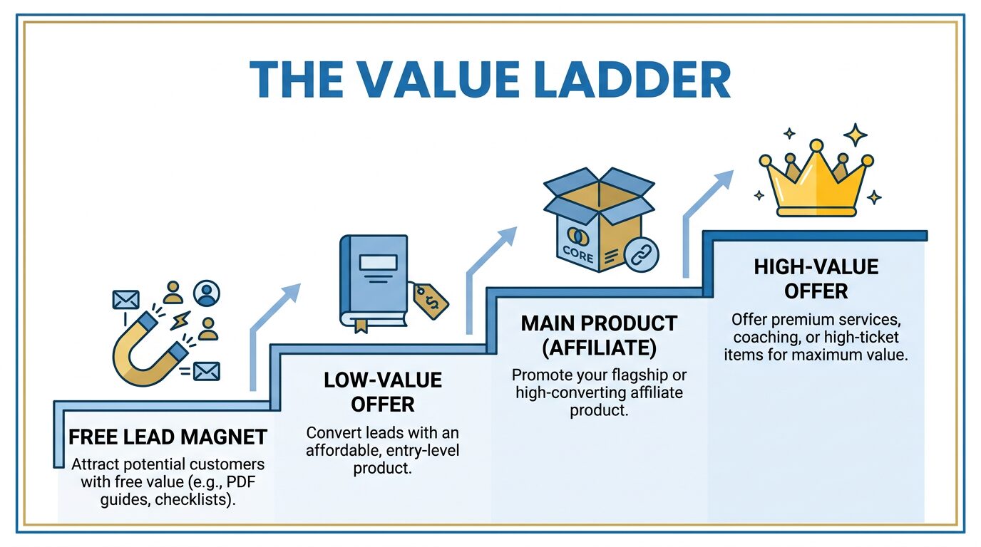 Diagrama do conceito Escada de Valor do DotCom Secrets, ilustrando a jornada do cliente desde a isca digital gratuita até a oferta principal.