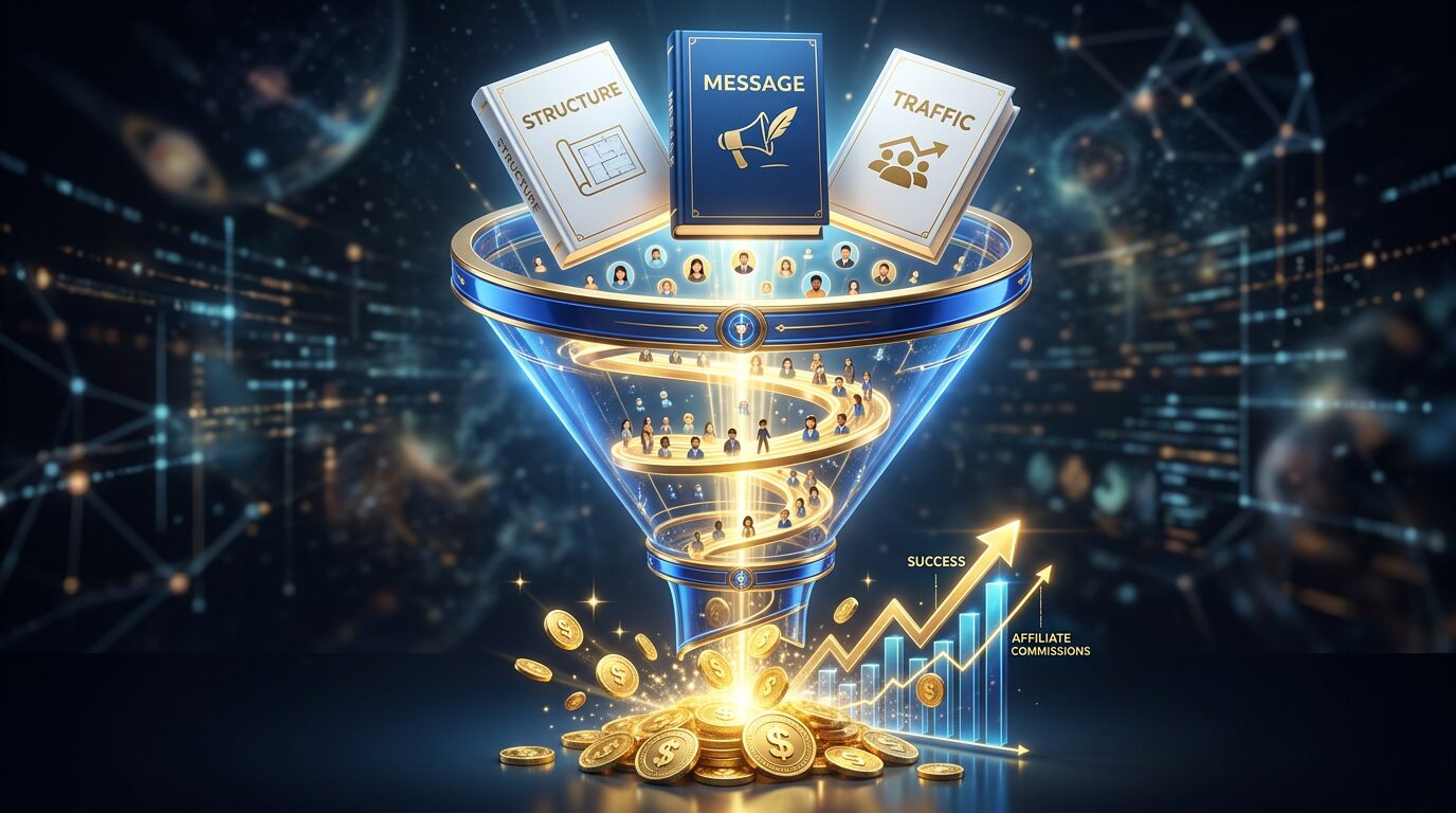 Ilustração 3D de um funil de vendas para afiliados com os livros de Russell Brunson, mostrando o processo de converter tráfego em comissões