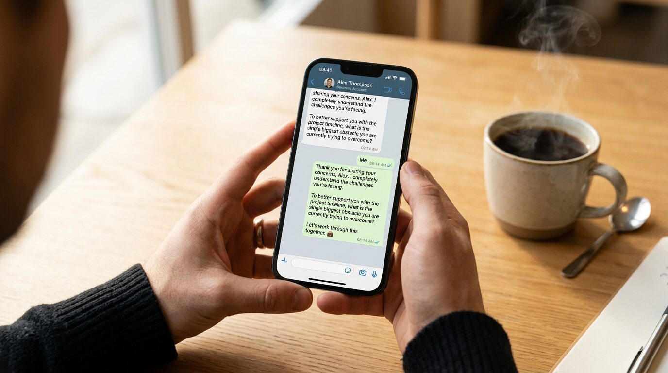 Tela de celular mostrando a abordagem no direct sendo transferida para o WhatsApp para um atendimento consultivo e humanizado.