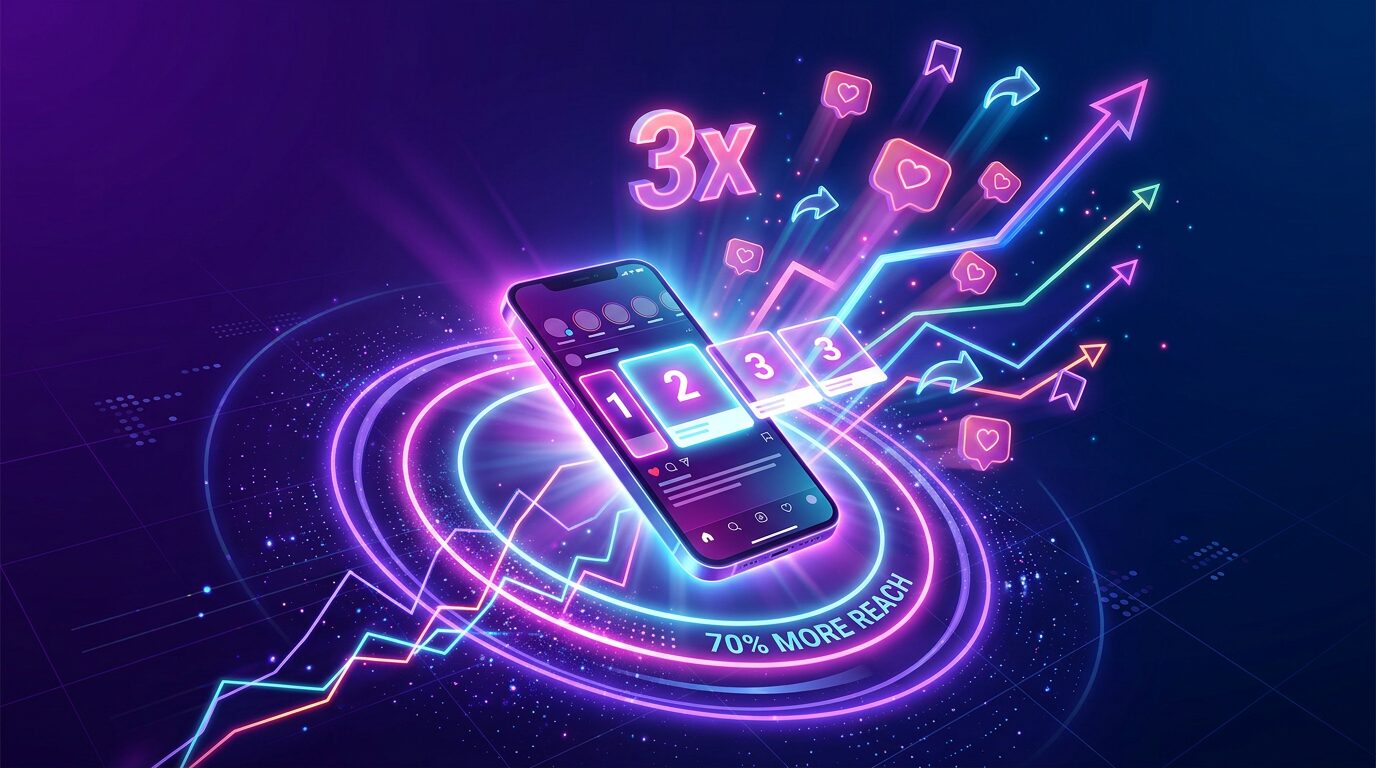 Visualização 3D do algoritmo Instagram priorizando posts carrossel com anéis de alcance expandido e métricas de engajamento