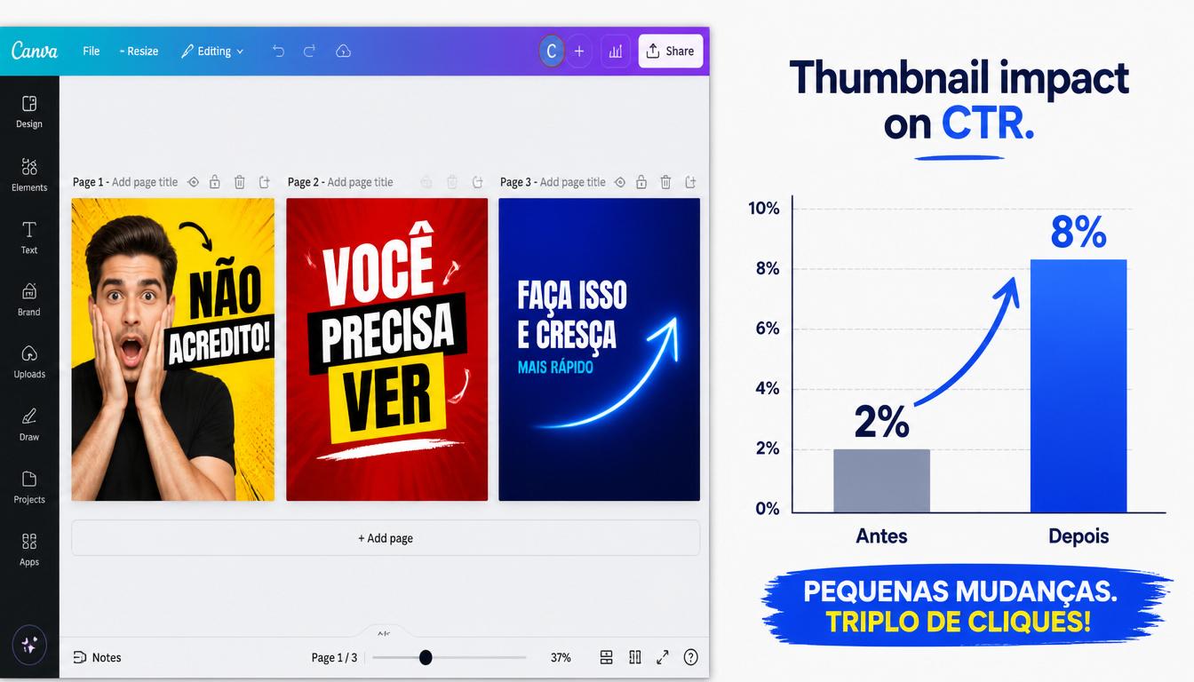 Editor Canva exibindo templates de thumbnail YouTube com gráfico de CTR ao lado, demonstrando ferramentas SEO YouTube gratuitas para crescimento.
