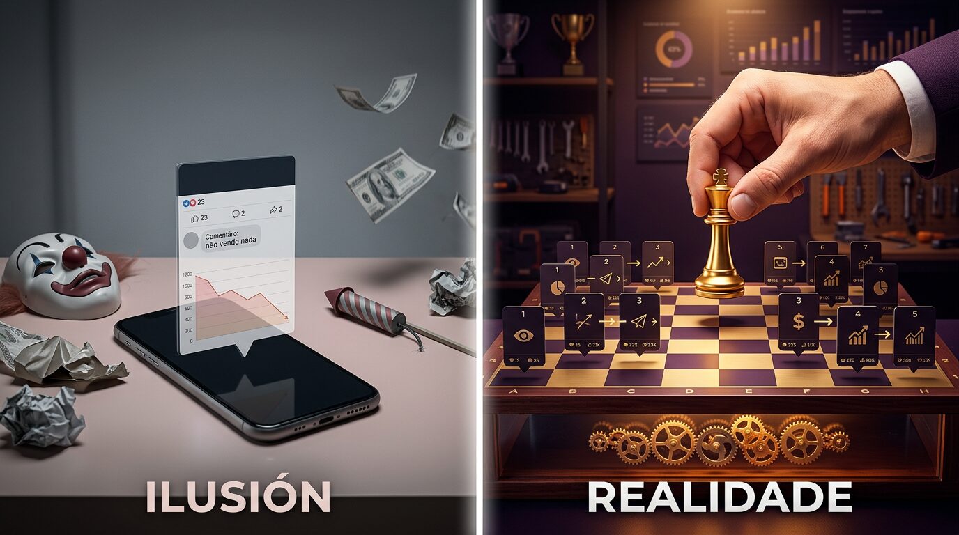 Divisão visual entre post genérico fracassado e carrossel instagram para autoridade com tabuleiro de xadrez estratégico e engrenagens douradas