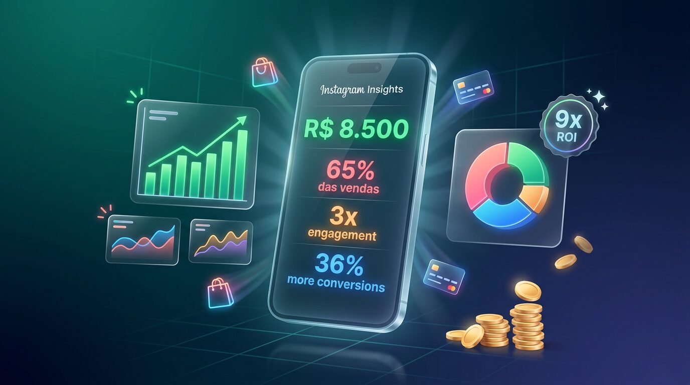 Infográfico 3D com métricas de vendas em carrossel Instagram: R$8.500 em 48h, 65% vendas orgânicas e 9x ROI