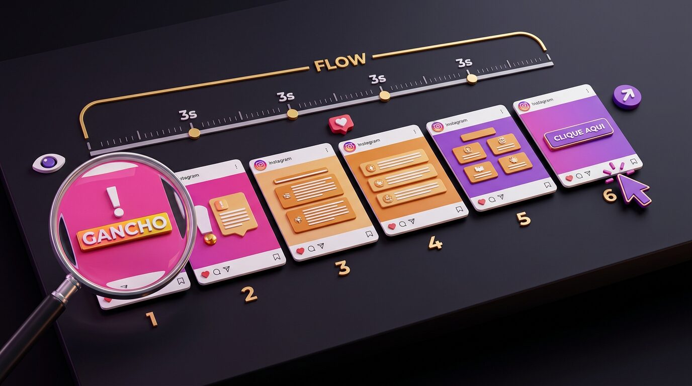 Layout 3D mostrando estrutura ideal de carrossel Instagram com 6 páginas: gancho, valor progressivo e CTA final destacado