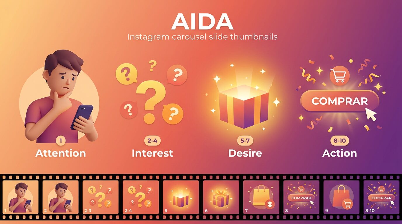 Infográfico do funil AIDA aplicado a posts carrossel Instagram: atenção, interesse, desejo e ação em 10 slides