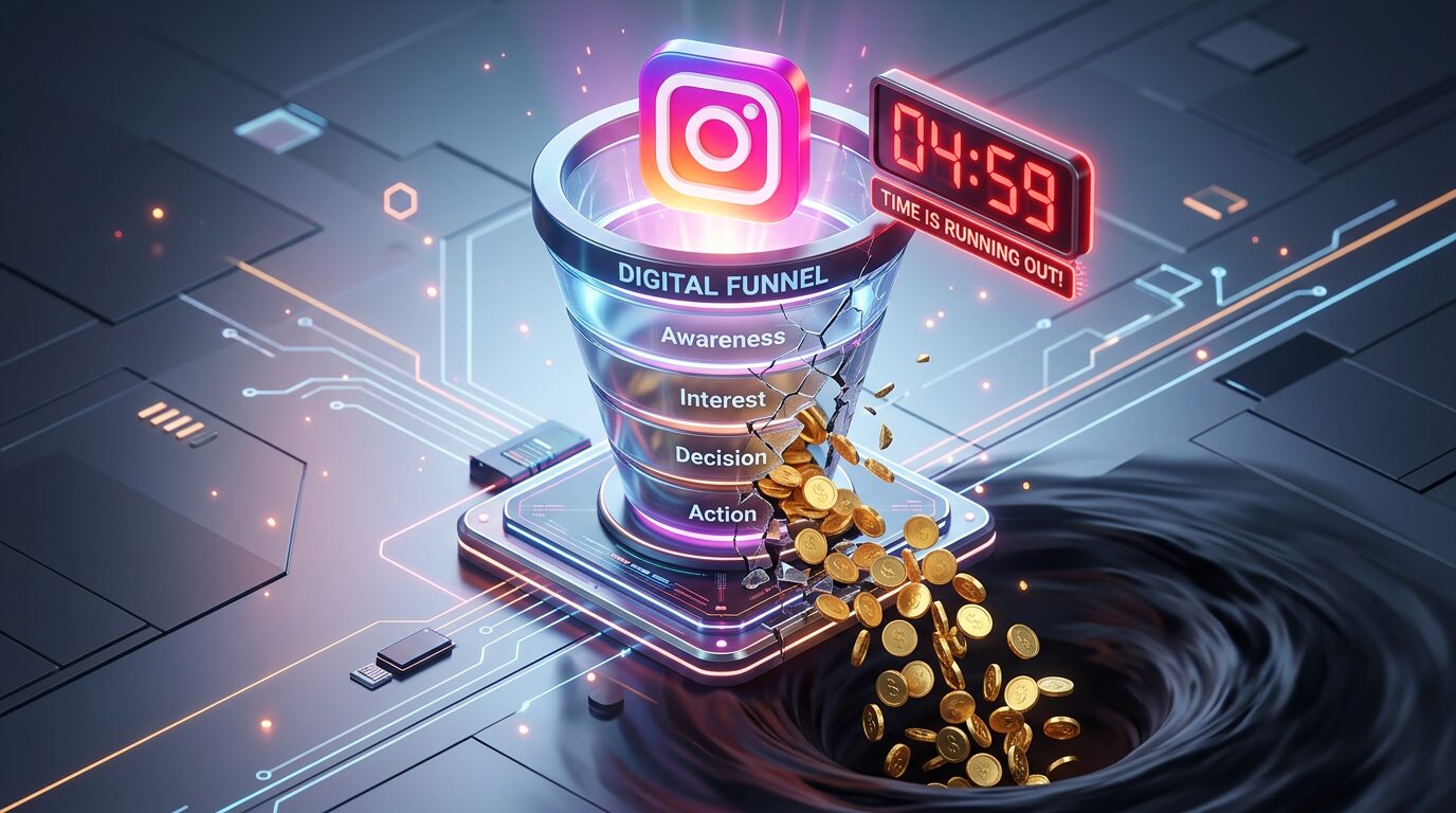 Funil 3D mostrando a perda de leads e a importância de um funil de vendas instagram rápido para evitar distrações na rede.