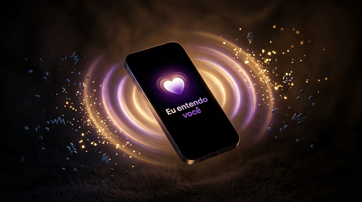 Smartphone com carrossel de conexão emitindo ondas douradas que transformam partículas azuis de medo e exaustão em luz de acolhimento