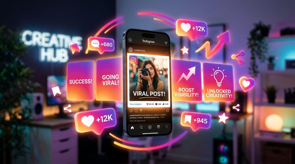 Celular mostrando ideias de post carrossel instagram com ícones de curtidas e salvamentos flutuando em fundo neon rosa e laranja