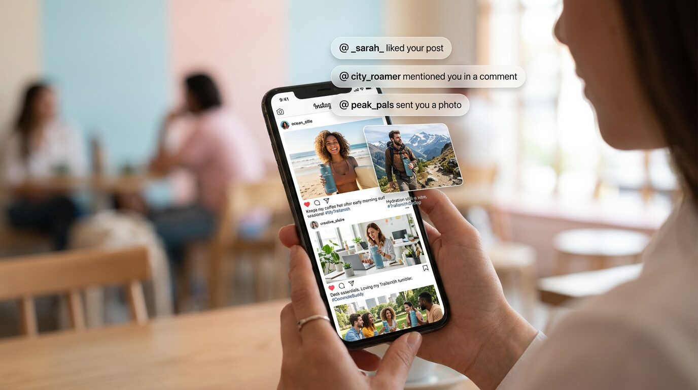 Celular com fotos de clientes reais usando produto, representando ideias de post carrossel instagram com conteúdo gerado pelo usuário