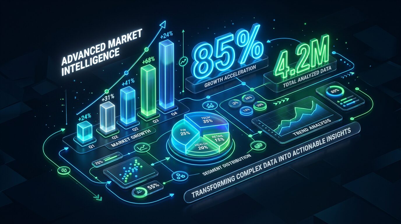Gráficos 3D luminosos mostrando estatísticas, representando ideias de post carrossel instagram para dados de mercado e pesquisas