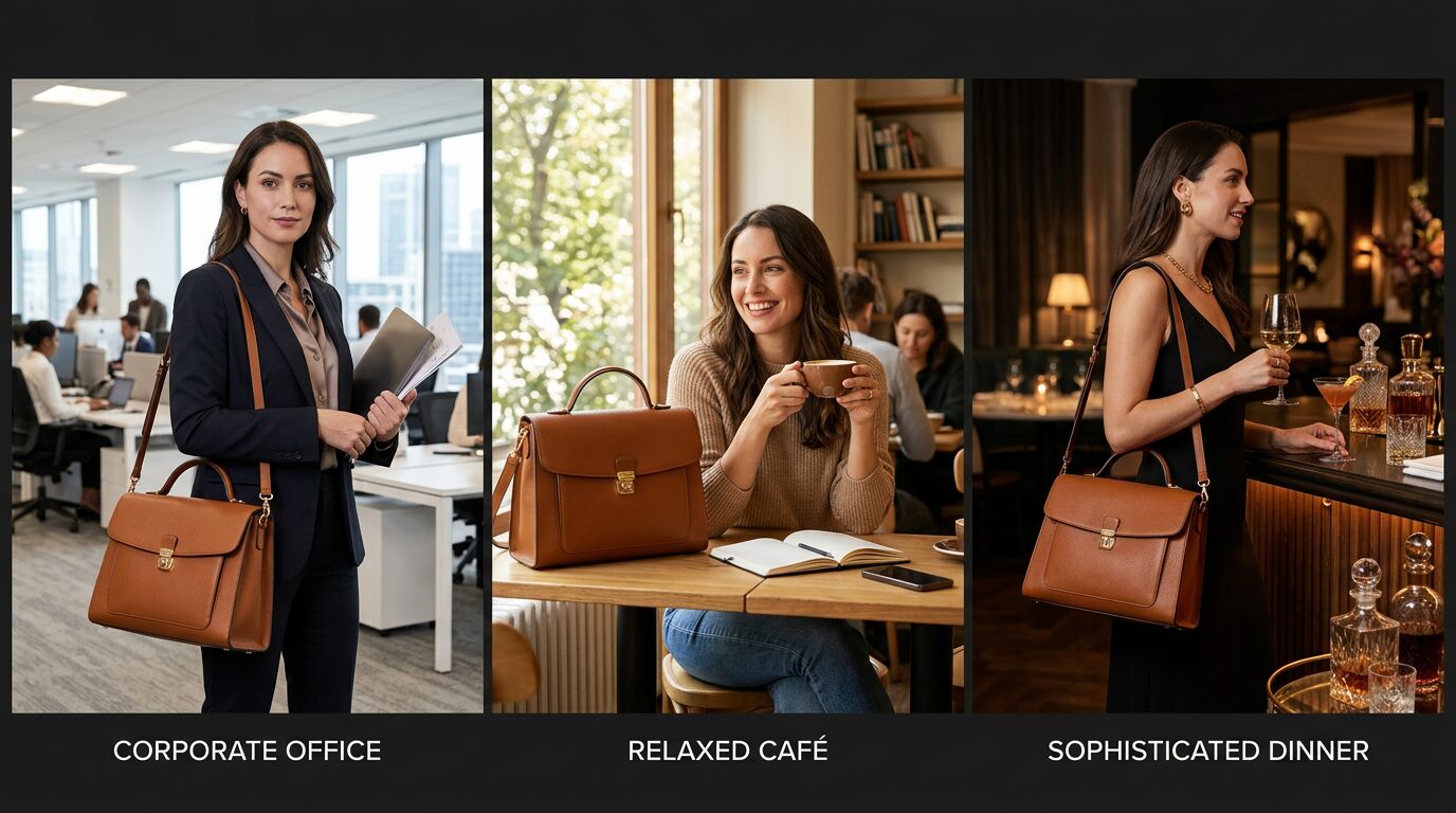 Três fotos da mesma bolsa em cenários diferentes, mostrando ideias de post carrossel instagram para demonstrar uso de produtos