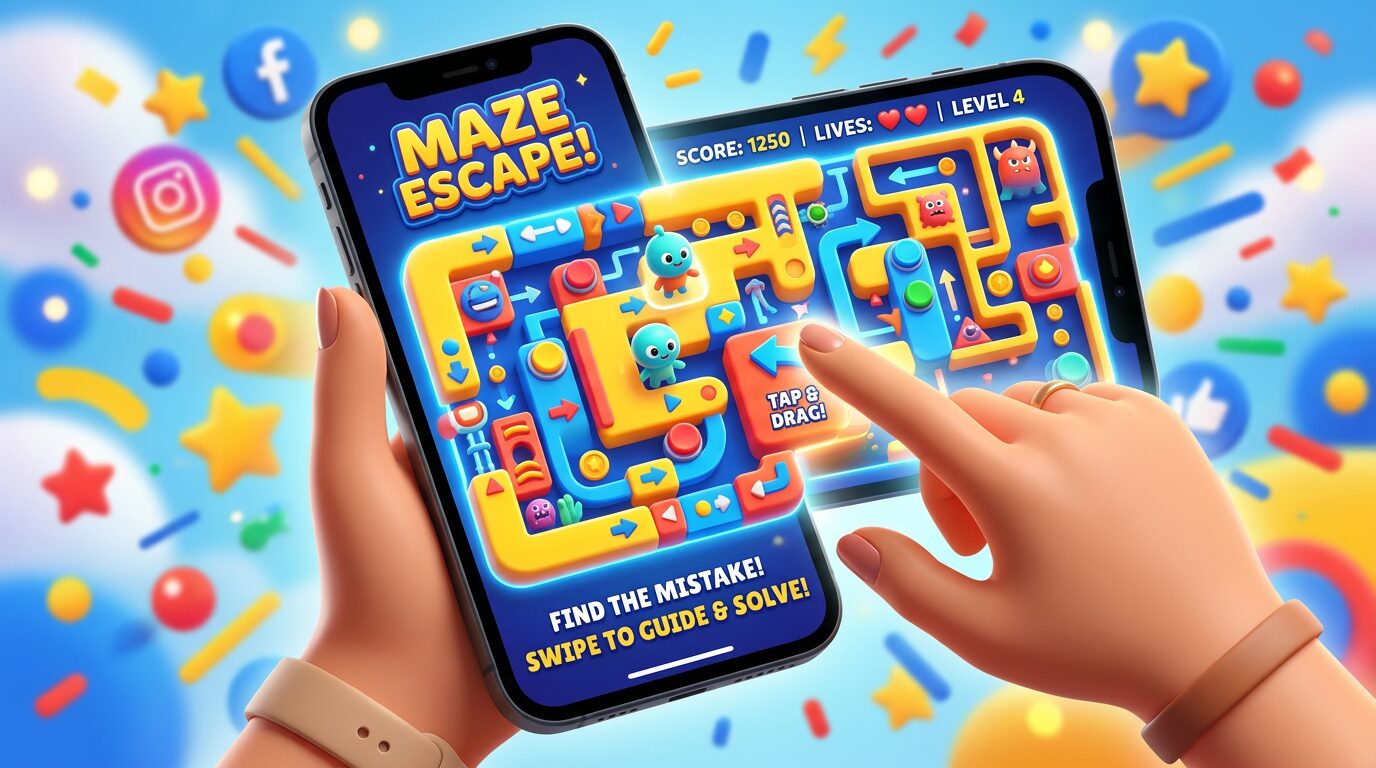 Jogo interativo na tela do celular com dedo apontando, ilustrando ideias de post carrossel instagram para gamificação e desafios