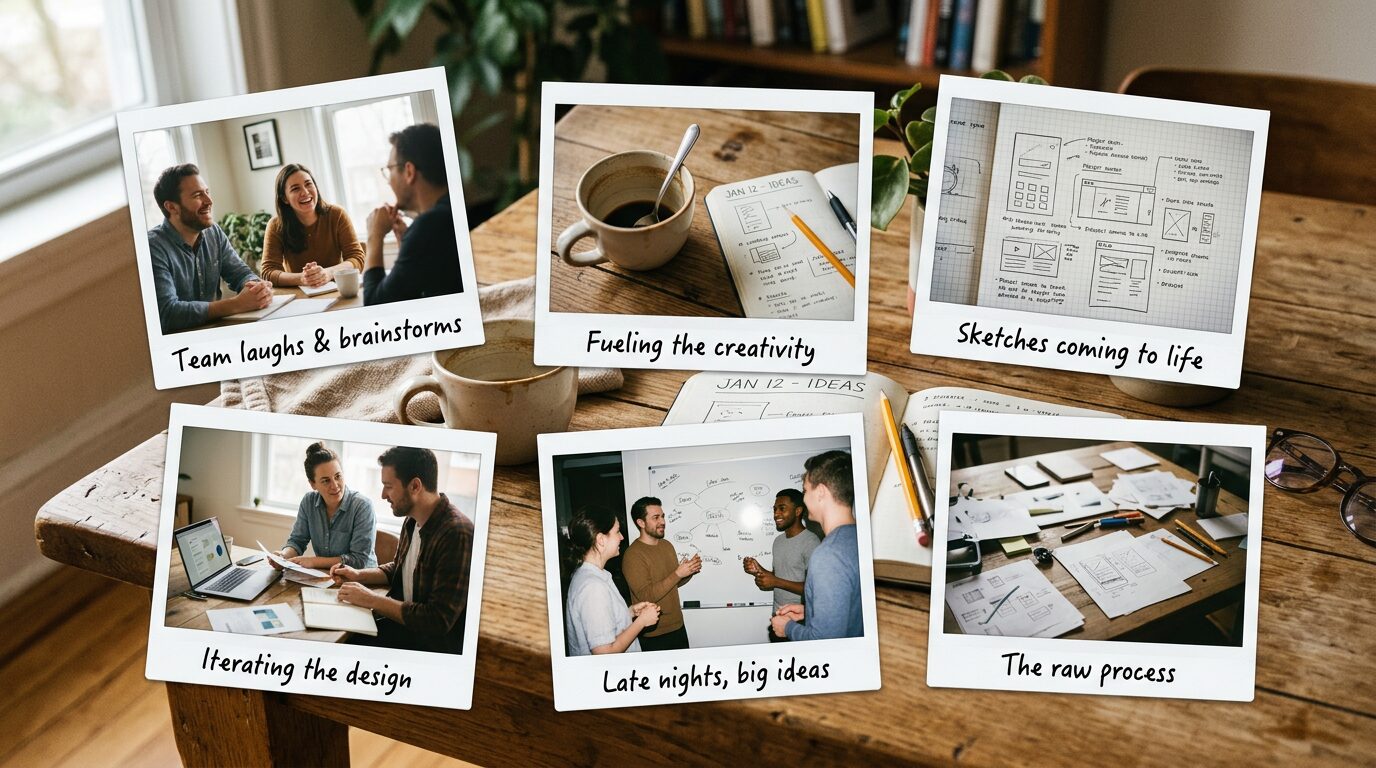 Fotos polaroid de bastidores de trabalho em mesa de madeira, mostrando ideias de post carrossel instagram para photo dump estratégico
