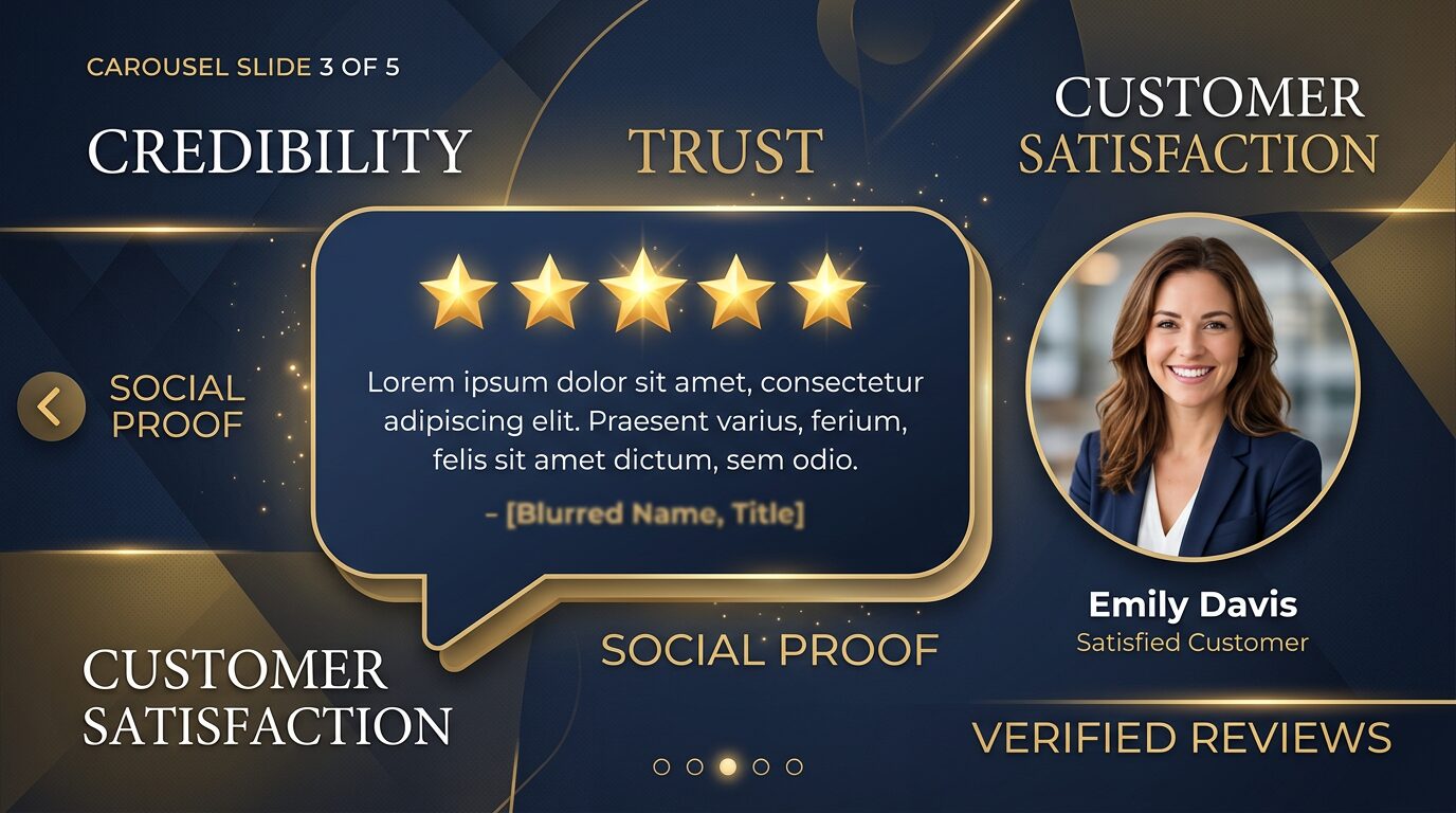 Card de depoimento com cinco estrelas e foto de cliente, mostrando ideias de post carrossel instagram para prova social e confiança